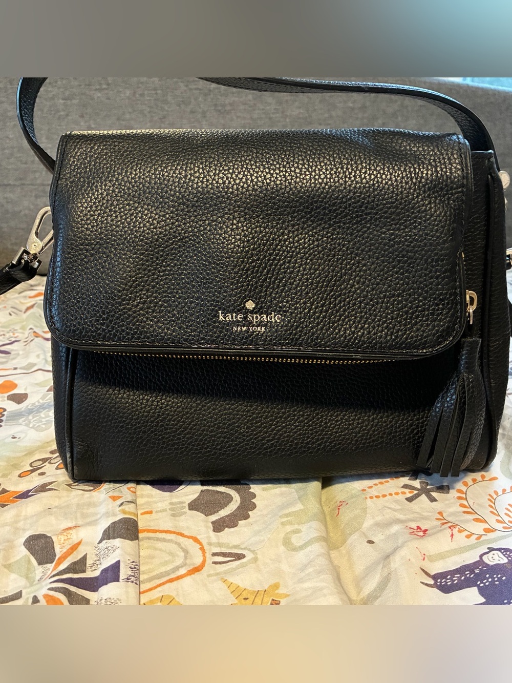 kate spade Black Pebbled Leather Flap Crossbody with Tassel